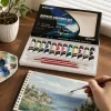 Black packaging box with colored paint tubes for children's art painting set, watercolor oil pastels details Picture